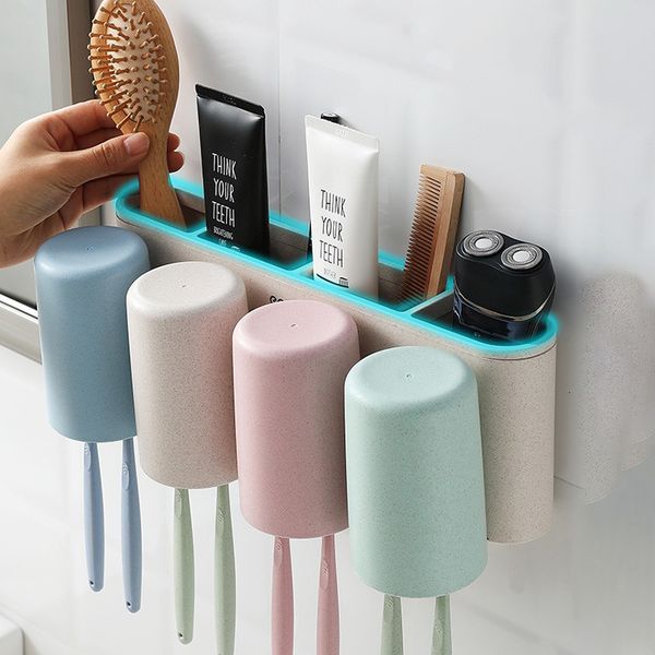 Toothbrush Holders ECOCO Wallmount Wheat Straw 234 Cup Toothbrush Holder Family Couples Toothbrush Toothpaste Cup Storage Bathroom Accessori