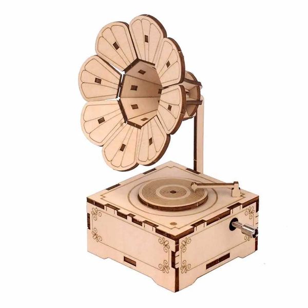 Handmade Unique Wooden Toys Kits Toys Sounding Music Box Mechanical 3D Puzzle Wooden Puzzle Gramophone Model Assembling Toy W250117
