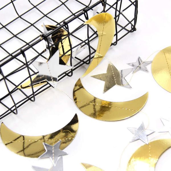 Flags Moon Banner Fivepointed Mirror 2M Star String Pull Flower Hanging Banner Ramadan Festival Party Decoration Eid Decor Pendant Ornaments