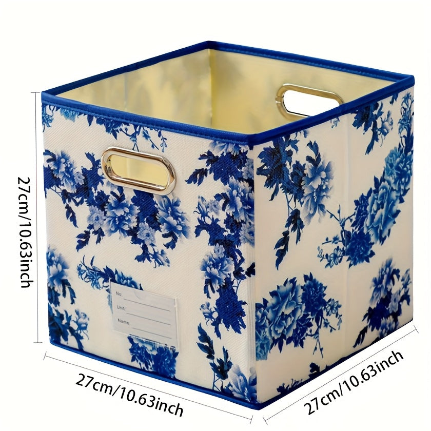 TEMU Blue And White Porcelain Style Storage Basket – Fabric Organizer For Books, Toys, Clothes With Elegant , Home Or Office Decor, Clothes Organizer