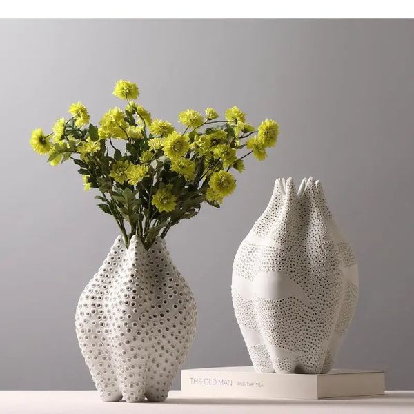 Hollow vase ceramic handle decorative hole flower arrangement abstract geometry home decoration accessories 241204