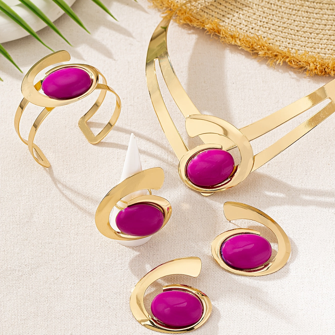 TEMU 5pcs- Set Elegant Women's Jewelry Set - Asymmetric Gemstone Collar Necklace, Stud Earrings, Bracelet, And Ring - Plastic Inlay, Alloy Base,