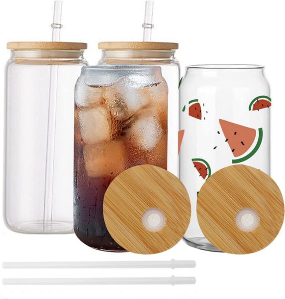 US CA Local Warehouse 16oz Mugs Sublimation Glass Can Shaped Cups Tumbler Drinking Beer With Bamboo Lid FY5118