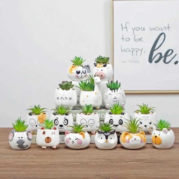 Planters Pots New Nordic Style Ceramic Animal Flower Pot Cartoon Bear Cat Cow Head Mini Pot Succulents Plants Bonsai Pots Home Decoration 1P