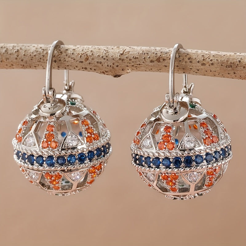 TEMU Exquisite Sparkling Synthetic Zirconia Women's Earrings - Round Pigeon Egg Hollow Circle Pendant, Copper Material, Perfect For Daily Wear,