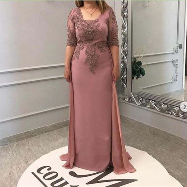 Of The Mother Bride Groom Dress With Overskirt Chiffon Square Neck Half Sleeve Evening Party Wedding Guest Formal Prom Gown
