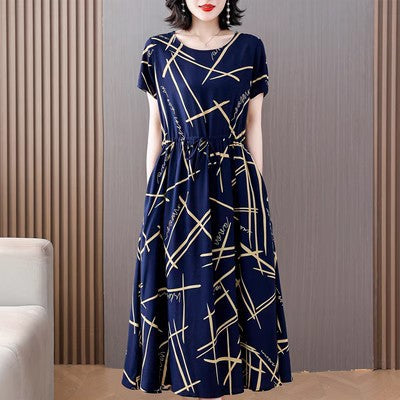 M037 New cotton silk dress for outer wear, fashionable and stylish, large swing skirt, waist-length slimming printed dress