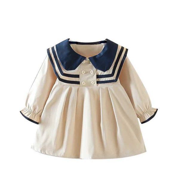 Spring and summer girls dress British style navy blue collar cute long sleeved tent school dress baby and childrens clothing Y241028