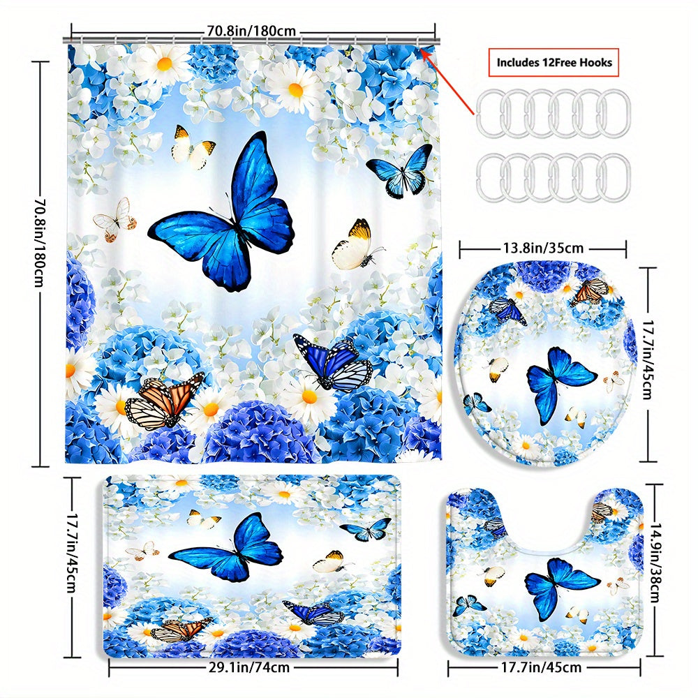 TEMU 4pcs Flowers With Curtain Shower Curtain Decoration, Beautiful Housewarming Gift Decoration, Waterproof Shower Curtain And Toilet Floor Mat
