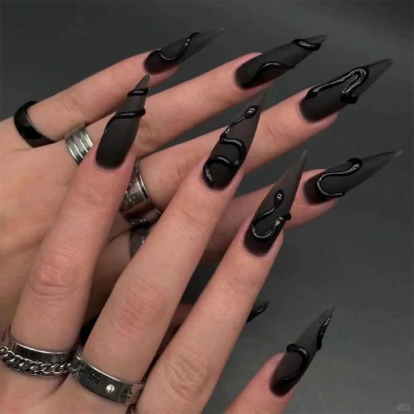 24 long holiday nails with black water droplet nails fully covered press nails black snake wrap nail design suitable for cool girls W241026