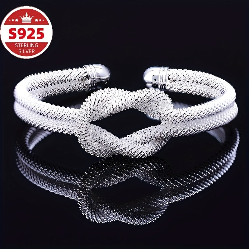 TEMU S925 Sterling Silvery Woven Mesh Open Bracelet, Women's Fashionable Classic Jewelry, Women's Jewelry, Perfect Gift For Valentine's Day And Day
