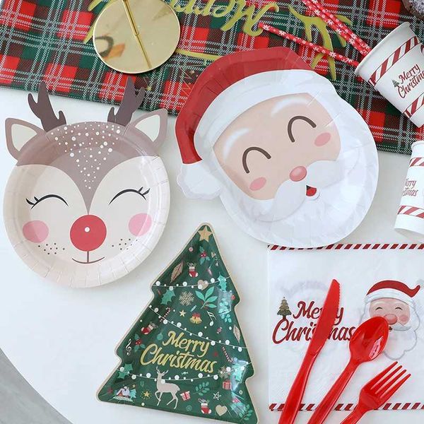 10pcs Cartoon Christmas Paper Plates Santa Claus Elk Xmas Tree Disposable Plates Merry Christmas Decor Happy New YearC241014
