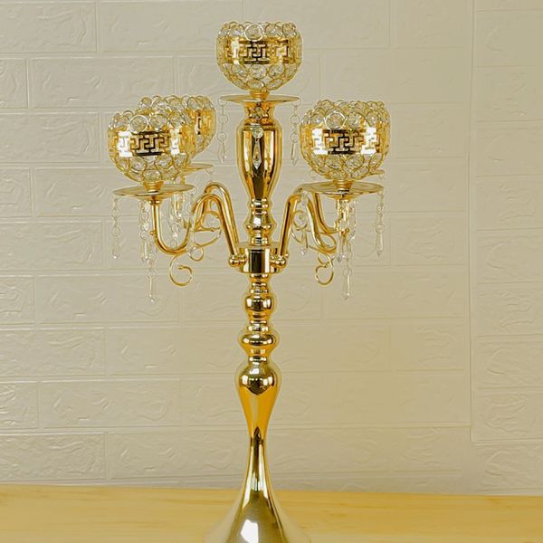 Gold Metal Crystal Tall Vases Wedding Centerpieces for Tables, Metal Flower Candle Holder with Sparkling Crystal Beads 5 arms candelabra gol