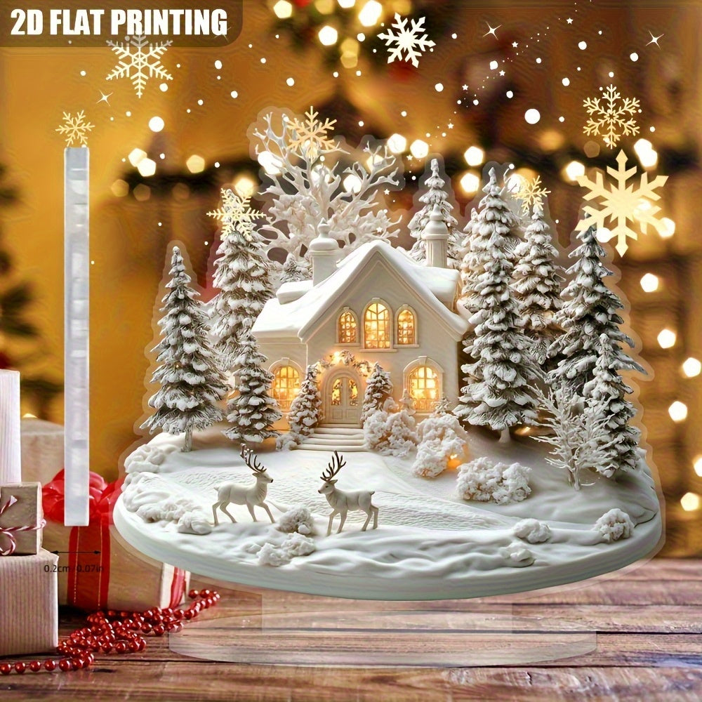 TEMU 2d Flat, 2d Elegant And Reindeer Scene Desktop Decoration - Waterproof, Anti-scratch Acrylic Ornament With Base For Home Or Office Garden Use –