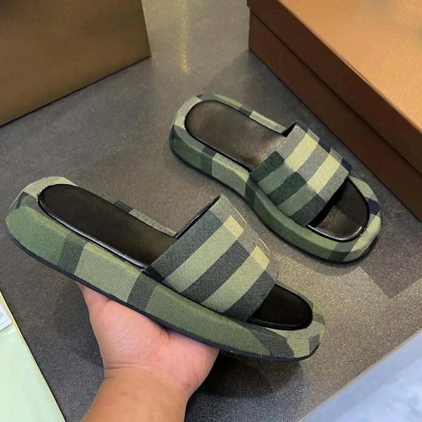 Designer Women Canvas Sandals Slides Genuine Leather Beige Brick Red Summer Beach Party Sandals