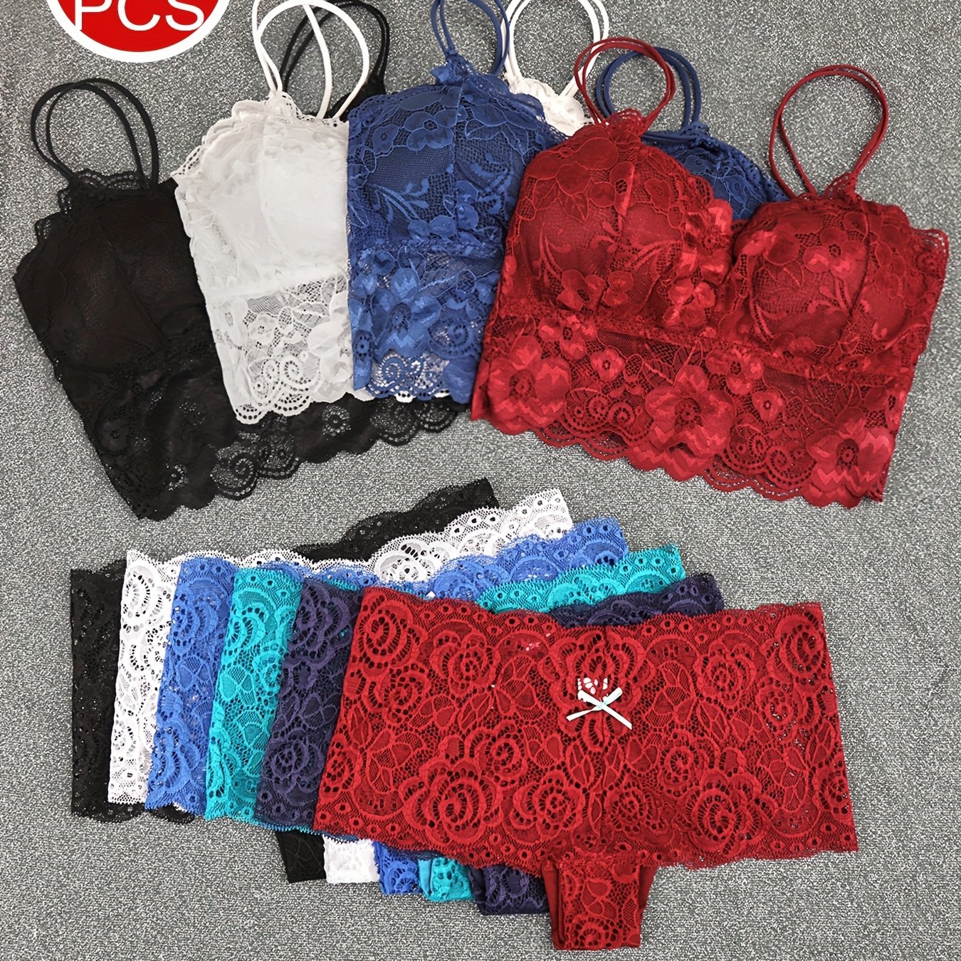 TEMU 10pcs Women's Lace Trim Bra & Panty Set - 6 Colors, S-xxl, Nylon Spandex Blend, Mid-rise Waist With , Comfortable Everyday Lingerie Set,