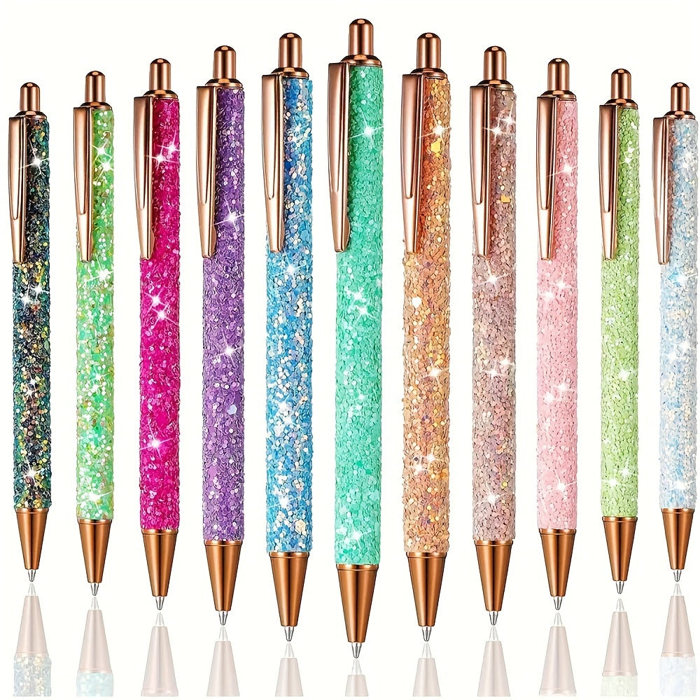 TEMU 11pcs Fancy Glitter Round Ballpoint Pens, Glitter Metal Pen Holder Retractable Writing Pen, Teacher' Writing Metal Pen-office Supplies-back To -