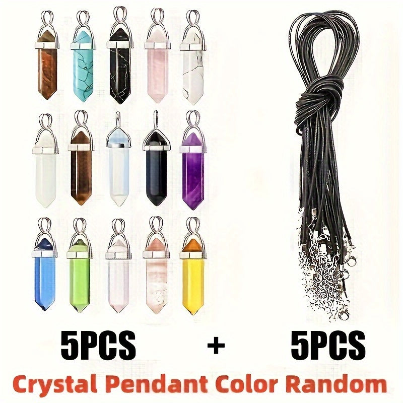 TEMU Total Of 10 Crystal Hexagonal Pendants, Bulk Chakra Stone Pendulum Gemstone Pointed Bullet-shaped Charm Necklace, With Black Adjustable Necklace