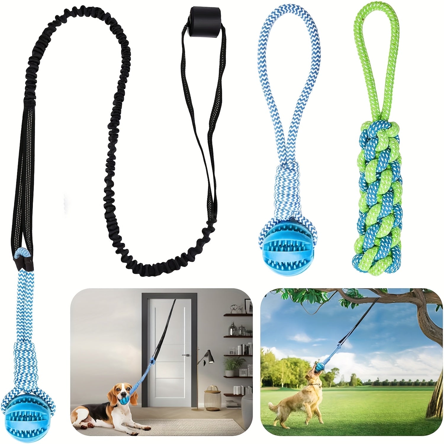 TEMU Dog Bungee Toy, Interactive Dog Tug Of Set With Tether, Rope And Ball, Tree Hanging Toy With 2 Chew Ropes, Puzzle Ball For Chewing, Outdoor