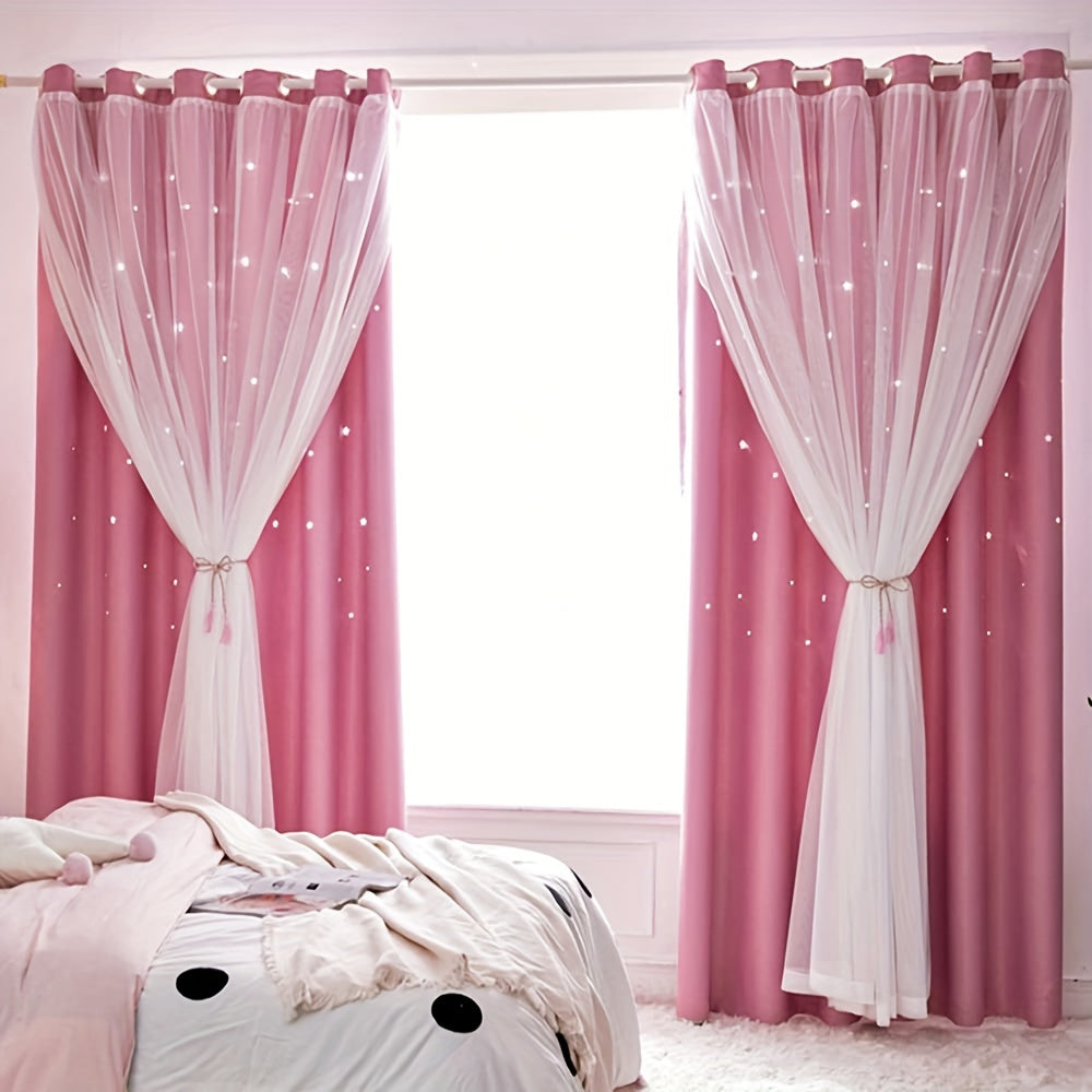 TEMU 2pcs Stars Cutout Blackout Curtains With Tulle Layers Grommet Window Panels For Bedroom Living Room Decor Wall Home, Pink