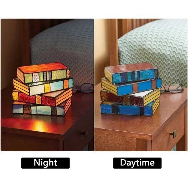 2024 Stai Stacked Books Lamp Night Light Table Desk Reading Book Light Nightstand Desk Lamps Handicraft Stacked Books Z250113