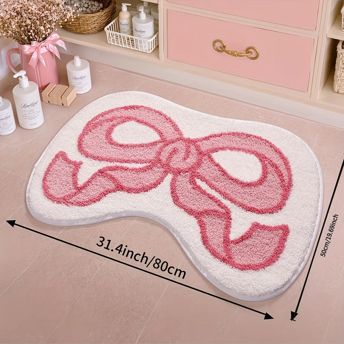 TEMU Soft Plush Bow Bath Mat – Cute Pink & , Absorbent & Non-slip Bathroom Rug, Machine Washable Polyester, Adds Style To Your Bathroom Decor