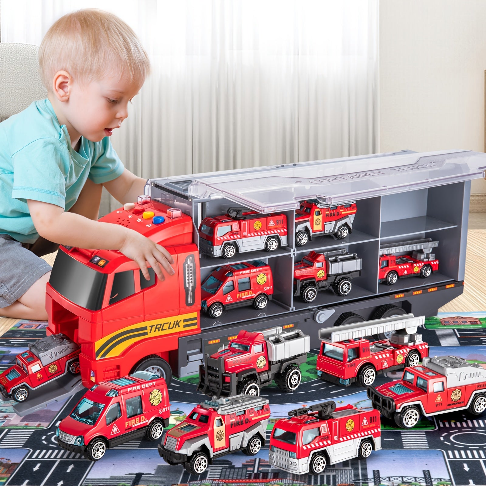 TEMU Die-cast Metal Fire Truck Toy Set With Play Mat - Carrier Truck, 4 , 2 Ladder Trucks, And 2 Rescue Vehicles - Perfect Christmas Or Birthday Gift