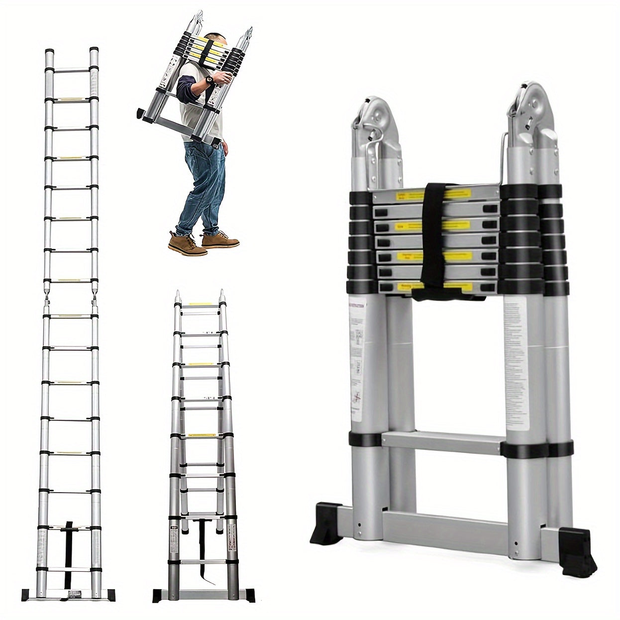 TEMU 16.5ft Aluminum Telescoping Ladder With Bar Retractable Ladders Compact Easy To Carry For Workshop Boat Roof Work Office Garage Diy Builder