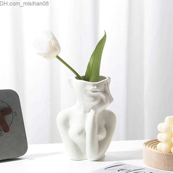 Vases Vases 3 Type Nordic Style Flower Vase Women Body Half Face Flower Pot Vase Ceramic Art Crafts Bedroom Living Room Desktop Decoration 2