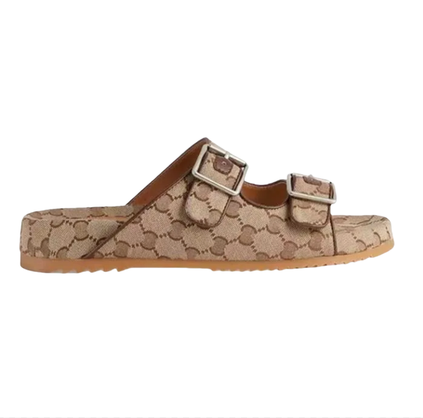 Women Multicolor Flat Slippers Sandals With 2 Straps Lady Fashion Metal Buckle Beach Slides Men&#039;s lace-up Scuffs For Summer G