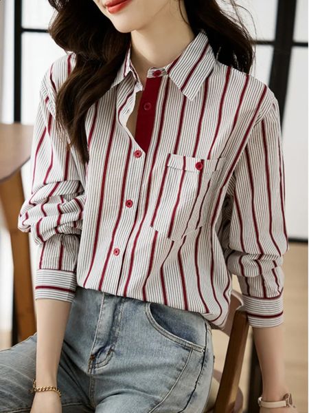 #3214 Red Vertrical Striped Shirts Women Turndown Collar Loose Vintage France Style Womens Tops And Blouses Pockets Spring 241228