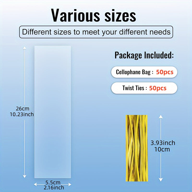 TEMU 50pcs-100pcs-200pcs 5.5cm X 26cm Transparent Candy Gift Bags, Cookie Lollipop Plastic Bags With 10cm Golden Twisted Tie, Cellophane Packaging