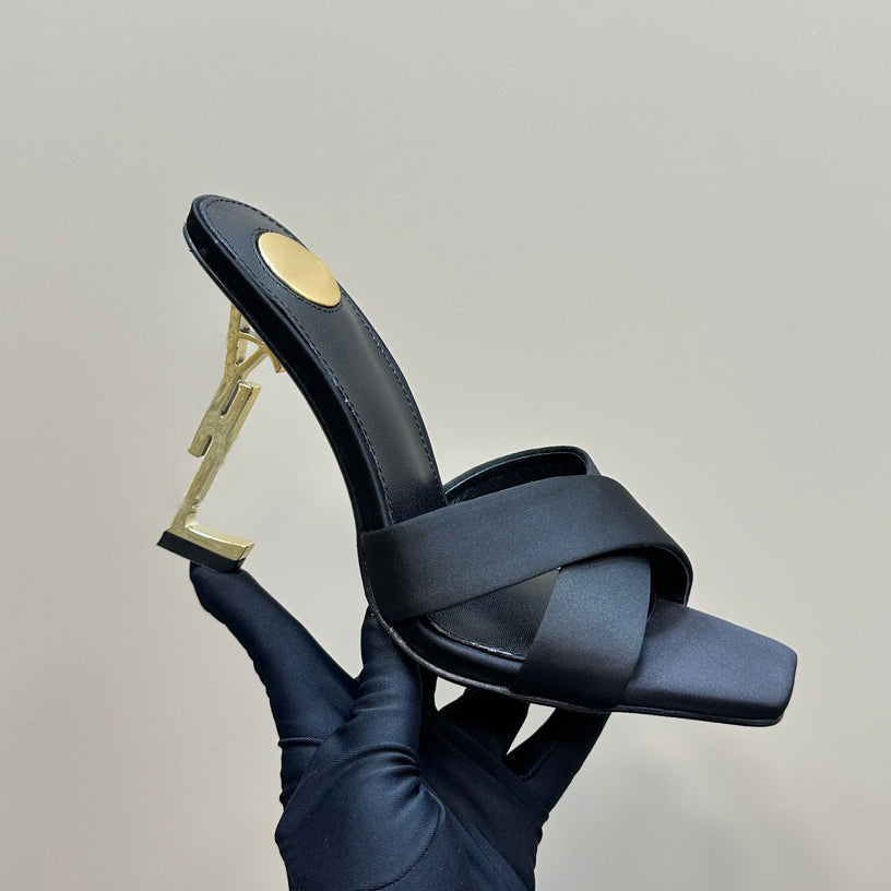 New Metallic Heels High Heels Slippers Open Toe Non-Slip Calfskin Silk Sandals Women Luxury Designer Backless Abnormal Heels Slippers Factory Shoes