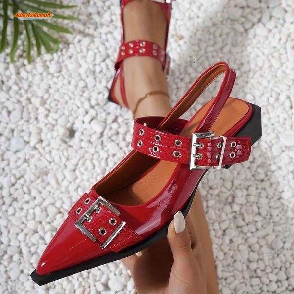 Fashion Patent Leather Rivet Metal Buckle Women Pumps Spring Summer Gothic Thick heeled Sgbacks Mules Girls Shoes atos ddmykukumalu