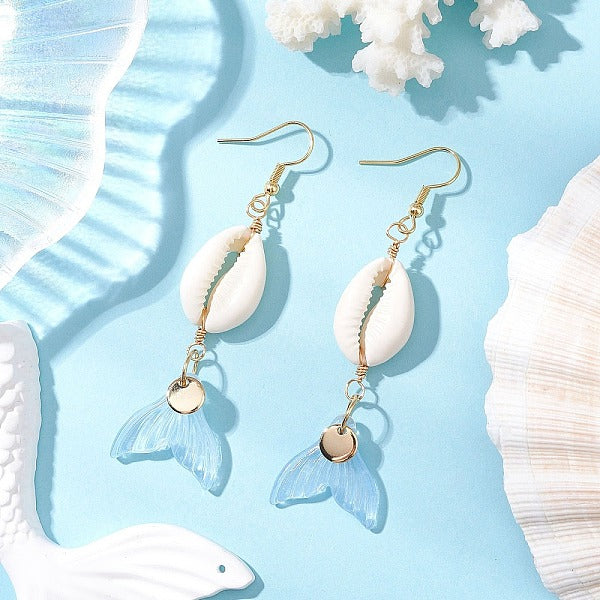 Boucles d'oreilles pendantes en verre et coquillage cauris naturel