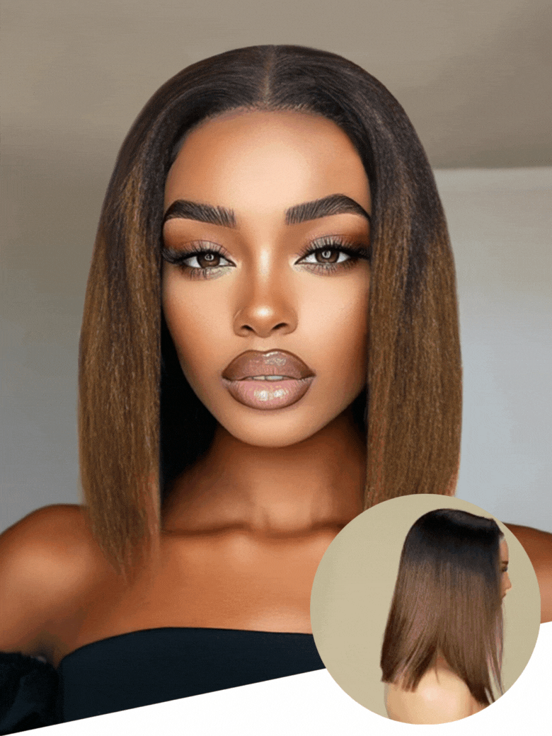 Bye-Bye Knots Bold & Refined 7x5 Lace Black to Chestnut Brown Ombre Yaki Bob Wig