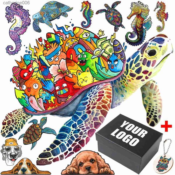 Animal Wooden Puzzles Turtle Dog Jigsaw Board Wood Toys Family Interactive Games DIY Crafts Educational Toy For Kids AdultL231025