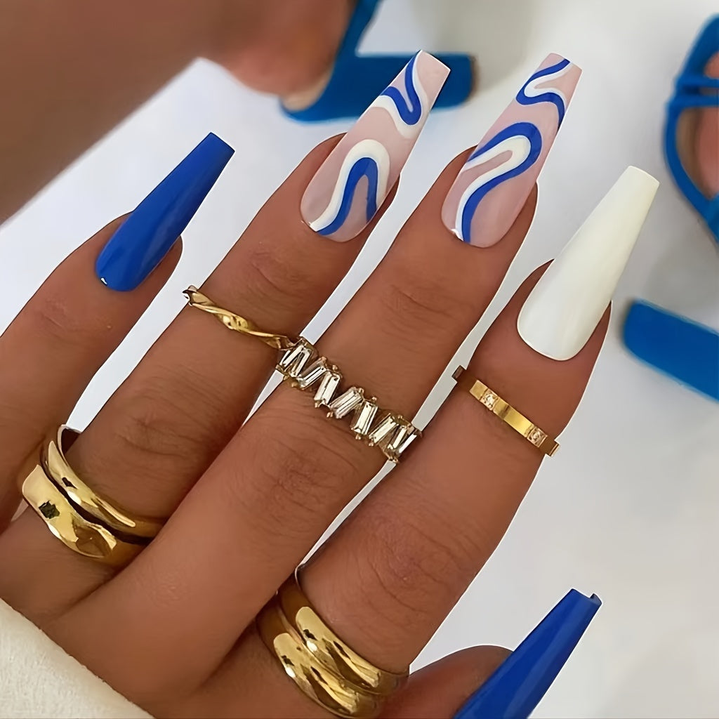 TEMU 24pcs Long Blue And White Striped Press-on Nails - Duckbill Shape, Glossy Finish, Elegant For Hands-