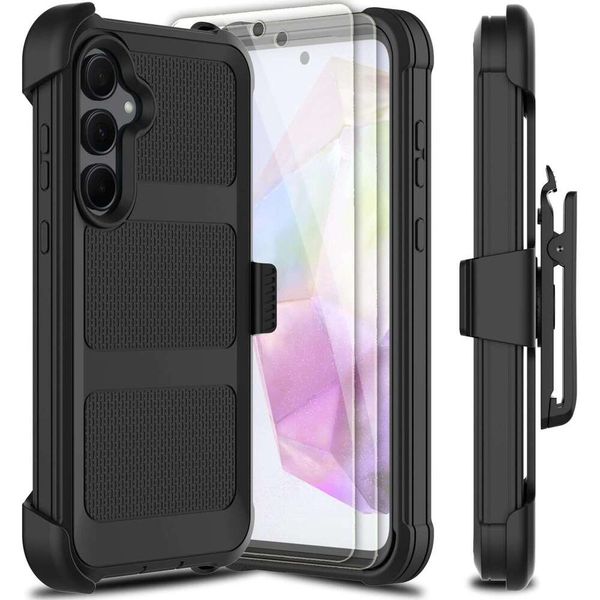 Samsung Galaxy A35 5G with 2 Pack Tempered Glass Screen Protector, Holster Series Belt Clip Hard Tough Heavy Duty Red Shockproof Protective