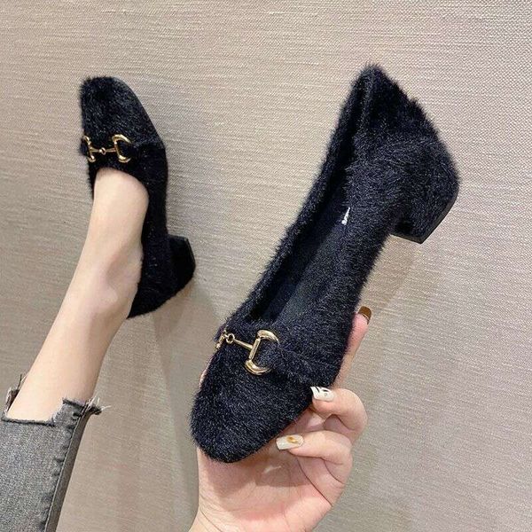 2023 New Winter High-End Elegant Mink Hair Soft-Soled Plush Warm 4 Cm Square Heel Plus Size Comfortable Office For Women&#039;s Shoes