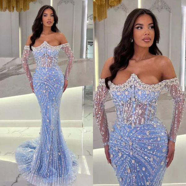Elegant Off-Shoulder Beaded Mermaid Evening Dress In Baby Blue Crystal