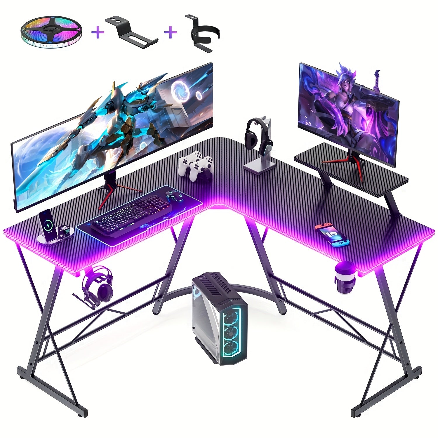TEMU 1pc 51 Inch L Shaped Gaming Table With Led Light Strip And Headphone Hook Cup Hook With Large Monitor Stand, Carbon Fiber Surface, Suitable For