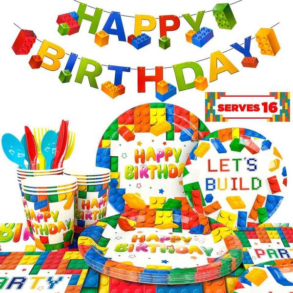 Building Blocks Birthday Party Supplies-133pcs Party Tableware set-Building Block Party Plates Napkins Tablecloth etcC250108