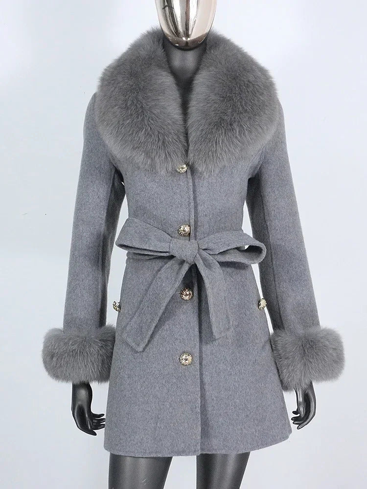 Real Fur Coat Natural Collar 2024 Winter Jacket Women Cuffs Belt Cashmere Wool Woolen Outerwear Fashion Streetwear 241120