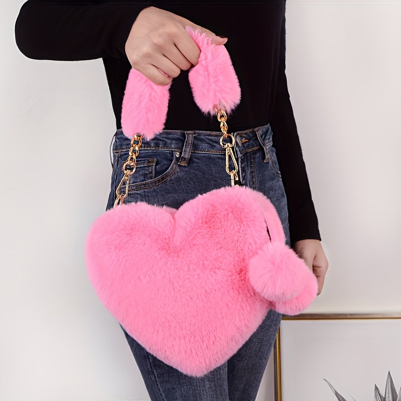 TEMU 1pc -shaped Fur Crossbody Bag, Polyester Plush Love Purse With Chain Shoulder Strap, Soft Pink-white- Handbag, Ideal For Christmas & Valentine's