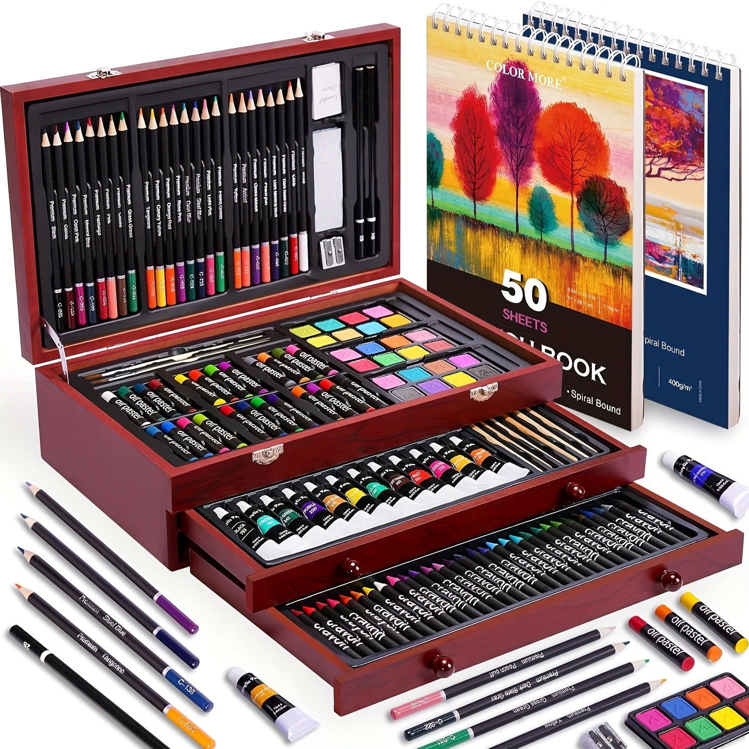 TEMU 175pcs Set With 2 Drawing Pads, Crayons, Acrylic Paints, Colored Pencils Set In Wooden Case, Professional Art Kit, Paint Supplies, Gift,