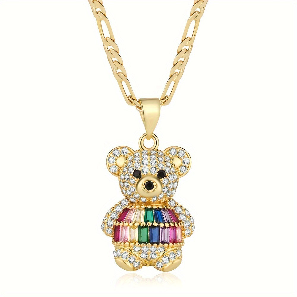 TEMU 14k Golden Plated Cute Cartoon Bear Pendant Necklace With Colorful Zirconia Inlay, Fashion Copper Jewelry For Women, Versatile Daily & Party