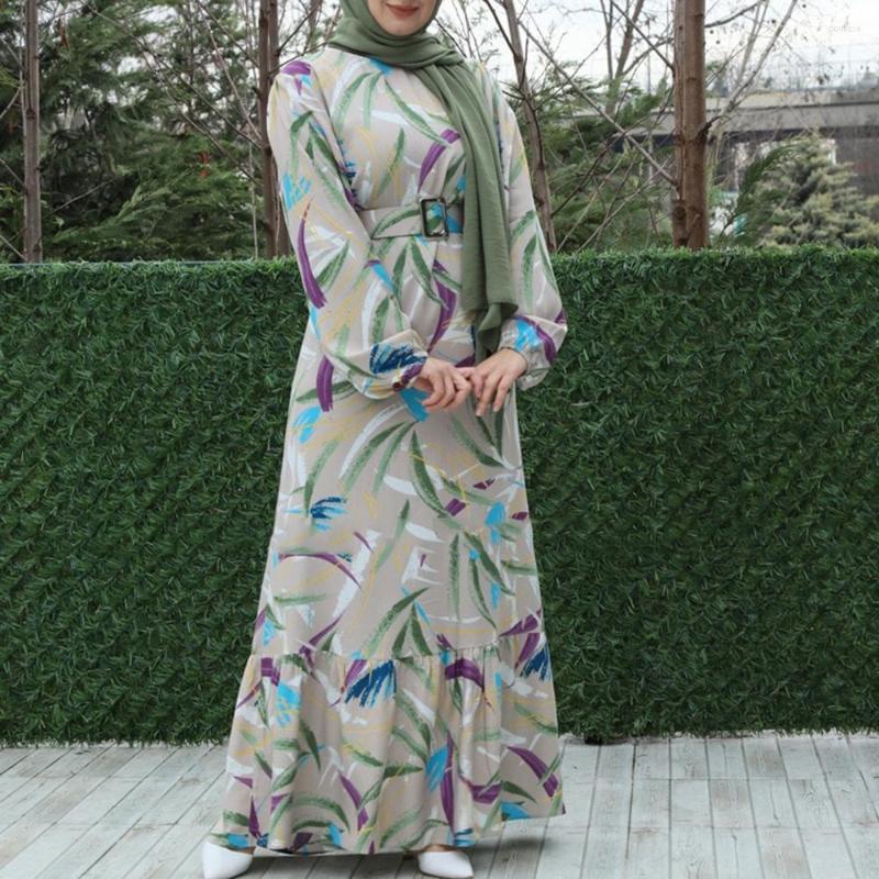 Ethnic Clothing Eid 2023 Muslim Dresses Women O-collar Elegant Female Maxi Dress Loose Slim Waist Robe Bonbou Daily Multicolor Printed