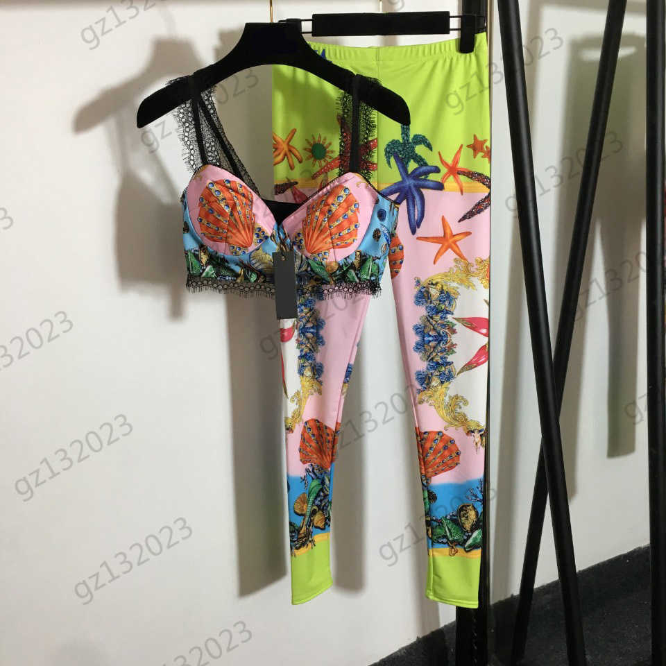Womens Tracksuit Lace Embellished Strapless Suspender Top Match Starfish Print Stretch Leggings Fashion Designer Women Clothing