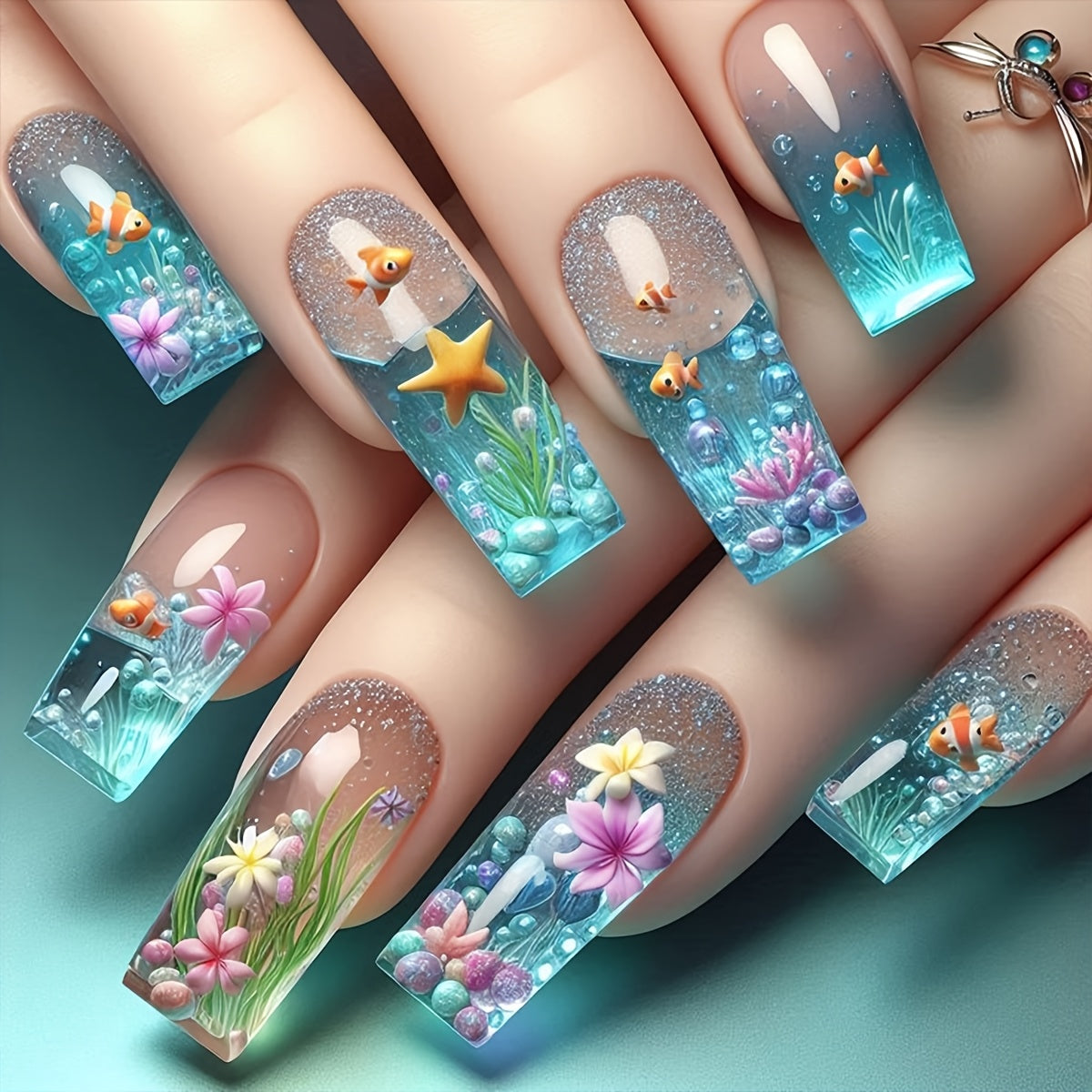 TEMU 24pcs Long Square Press-on Nails - Underwater Ocean Theme With Goldfish, Starfish &, Glossy Blue Gradient Design For Prom Parties, - Includes